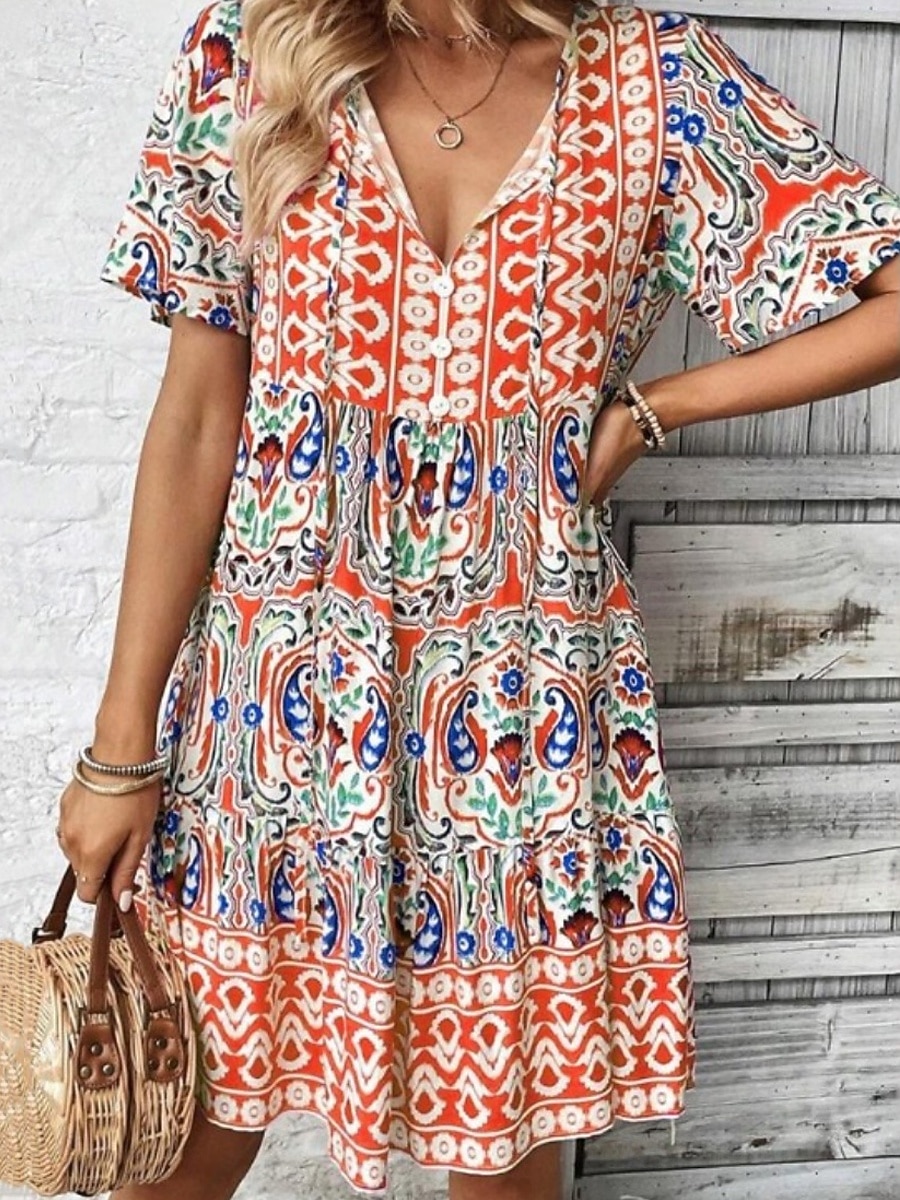 Dames Mini-jurk strand jurk A lijn jurk Bloemetjesjurk Elegant Modieus Modern Dagelijks Buiten Vakantie Normale pasvorm Geometrisch Korte mouw V-hals blauw Rood Marine Blauw Oranje Zomer Lente Herfst 2026 - $21.99 –P13