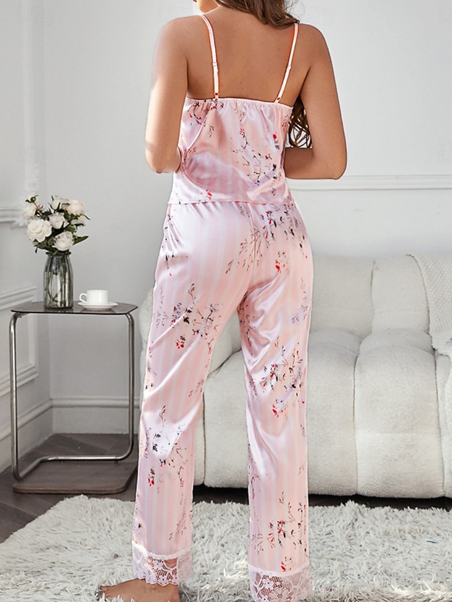 Women's Pajama Set Casual Comfort Floral Stripe Elastic Waist Pant Daily Home Sleeveless Halter Neck Pink Summer Spring Regular Fit 2026 - $32.99 –P5