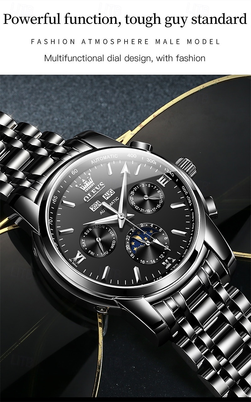 Montre homme Olevs neuve, élégante et fonctionnelle, avec affichage des phases de la lune, du calendrier, de l'heure sur 24 heures et du jour de la semaine. Montre mécanique automatique multifonctions de 2026 ? $121.99 –P2