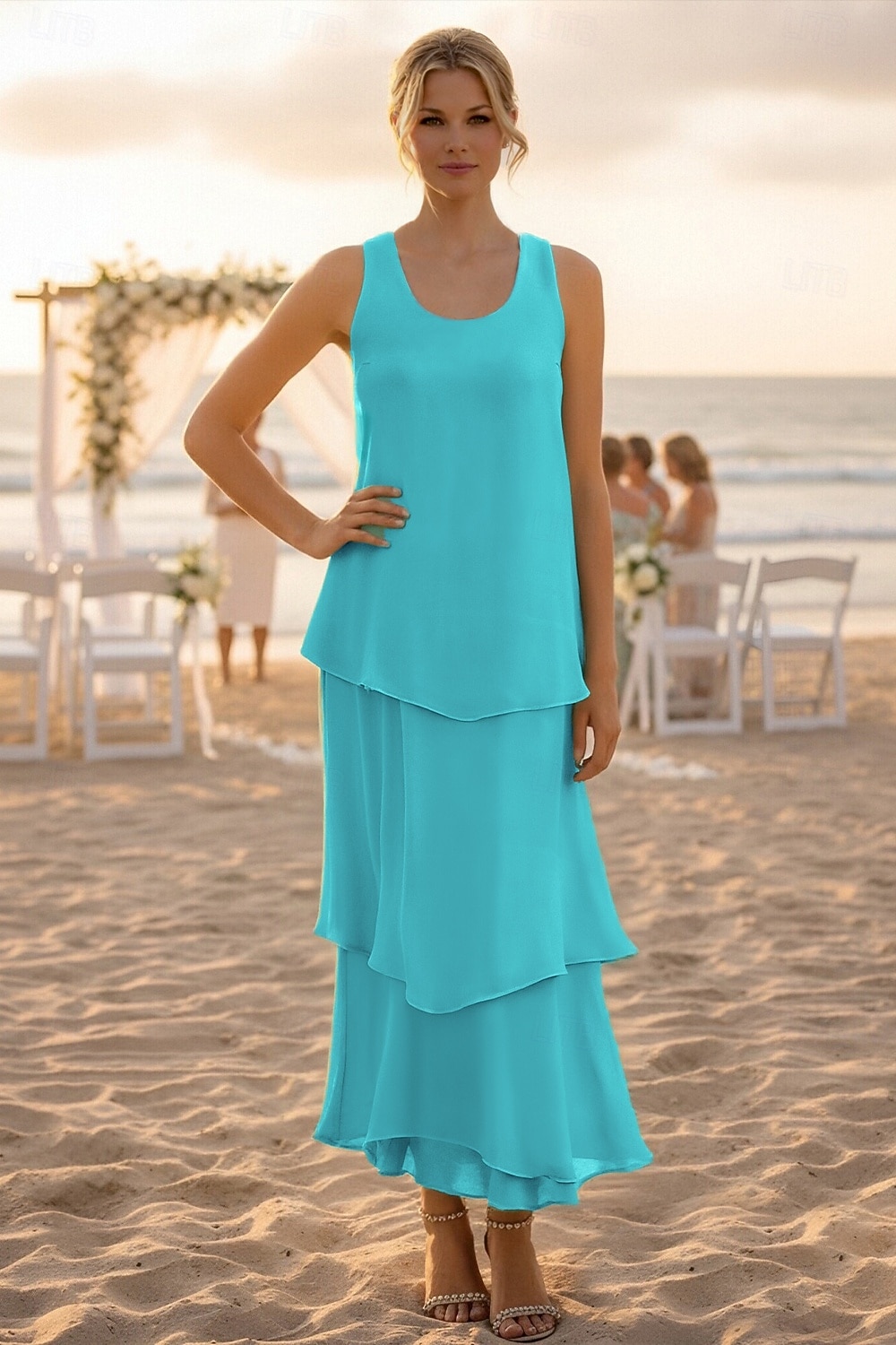 Tubinho Até o Tornozelo Vestido de convidada de casamento Vestido formal Tiered Dress Vestido Para Mãe dos Noivos Sem Manga Decote V Elegante Simples Convidado do casamento Semi formal Chiffon com de 2026 por €105.99 –P8