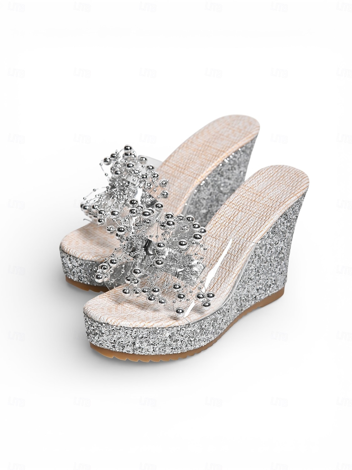 Sandale cu platformă argintie pentru femei, cu sclipici și fundă de cristal, pentru o viață de noapte plină de farmec &pantofi de după petrecerea de nuntă 2026 - $34.99 –P1