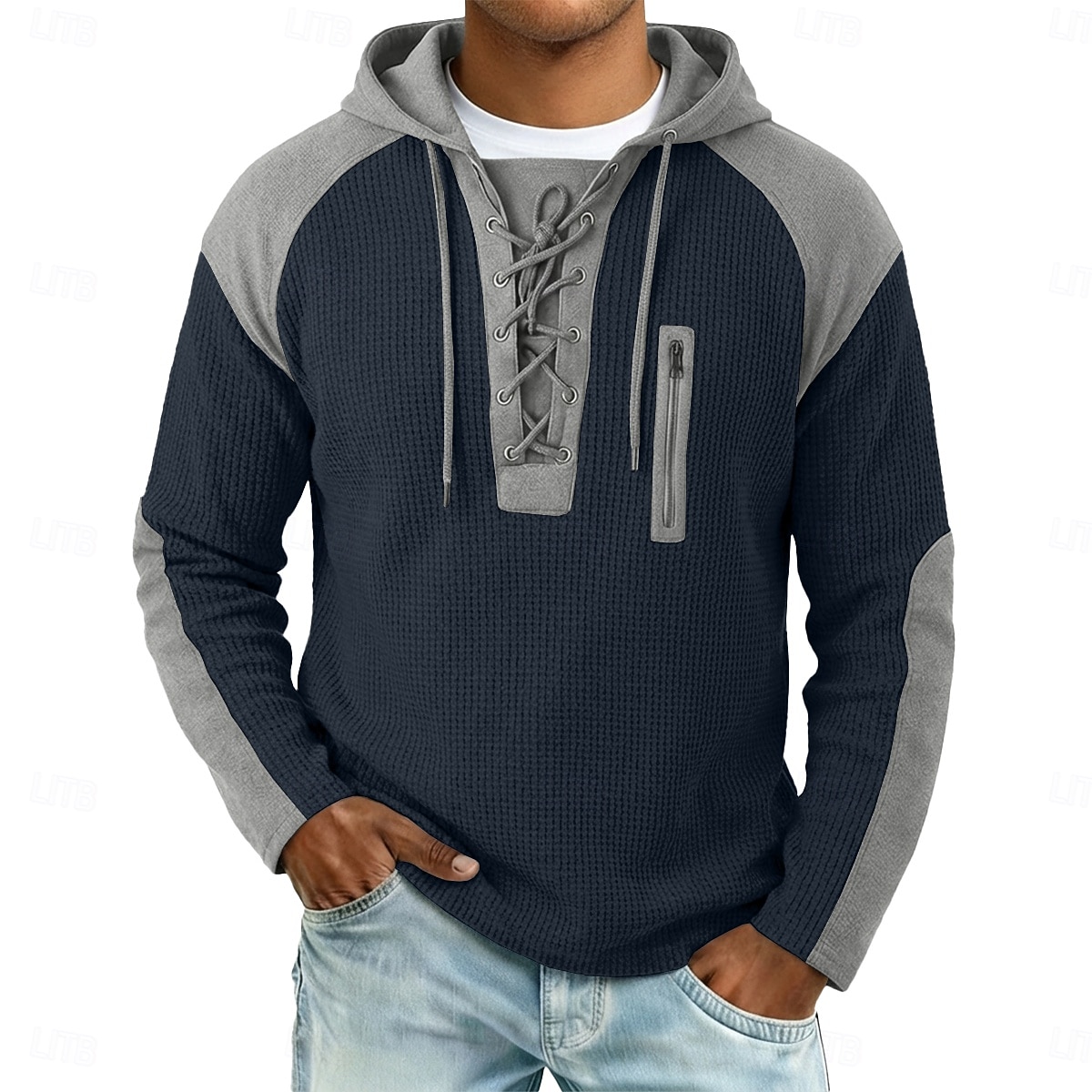 Per uomo Maglietta Waffle Maglietta Maglia Henley a nido d'ape Manica Lunga Con Cappuccio Collo con lacci Autunno Autunno & Inverno Tinta unica Testurizzato Tradizionale / Vintage Casual Coulisse del 2026 a $26.99 –P8
