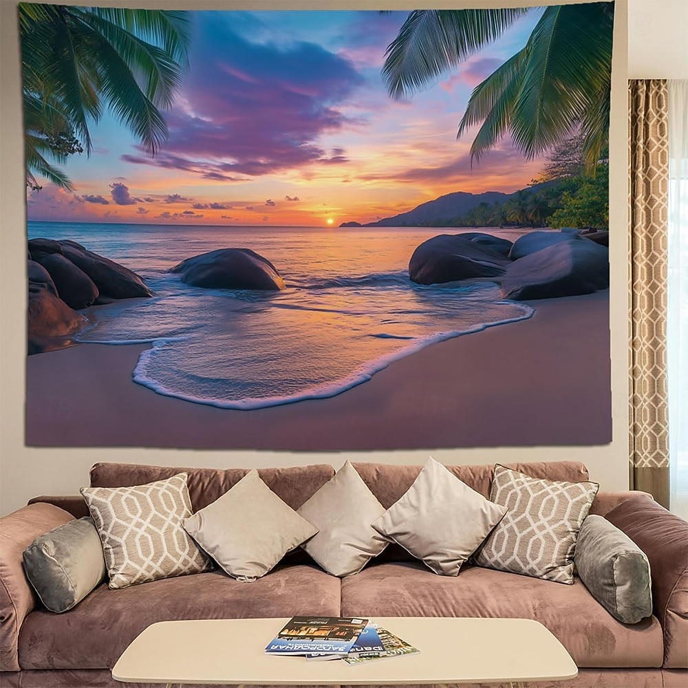 Arazzo da parete con tramonto sulla spiaggia tropicale, paesaggio marino con palme e rocce, decorazione murale naturale per camera da letto, sala yoga, spazio per la meditazione del 2026 a $20.99 –P1