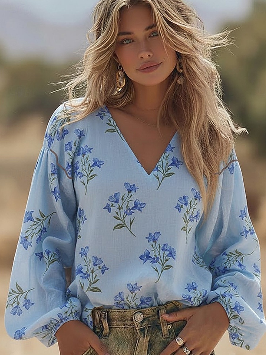 Damenbluse Leinenähnlich Atmungsaktiv Leicht Floral Grafik Elegant Bohème Vintage Langarm V-Ausschnitt Reguläre Oberteile Täglicher Feiertag Patchwork Druck Blau Schwarz Pink Grün Sommer Frühling 2026 - $32.99 –P2