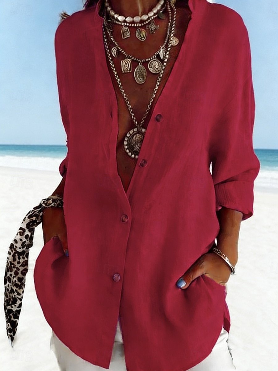 Pentru femei Cămașă Cămașă casual Bluză Cămașă din bumbac Nasturi Simplu Stilat Clasic Modern Manșon Lung Guler de stand Topuri obișnuite Zilnic Concediu Ieșire Negru Alb Roșu-aprins Albastru Deschis 2026 - $21.99 –P4