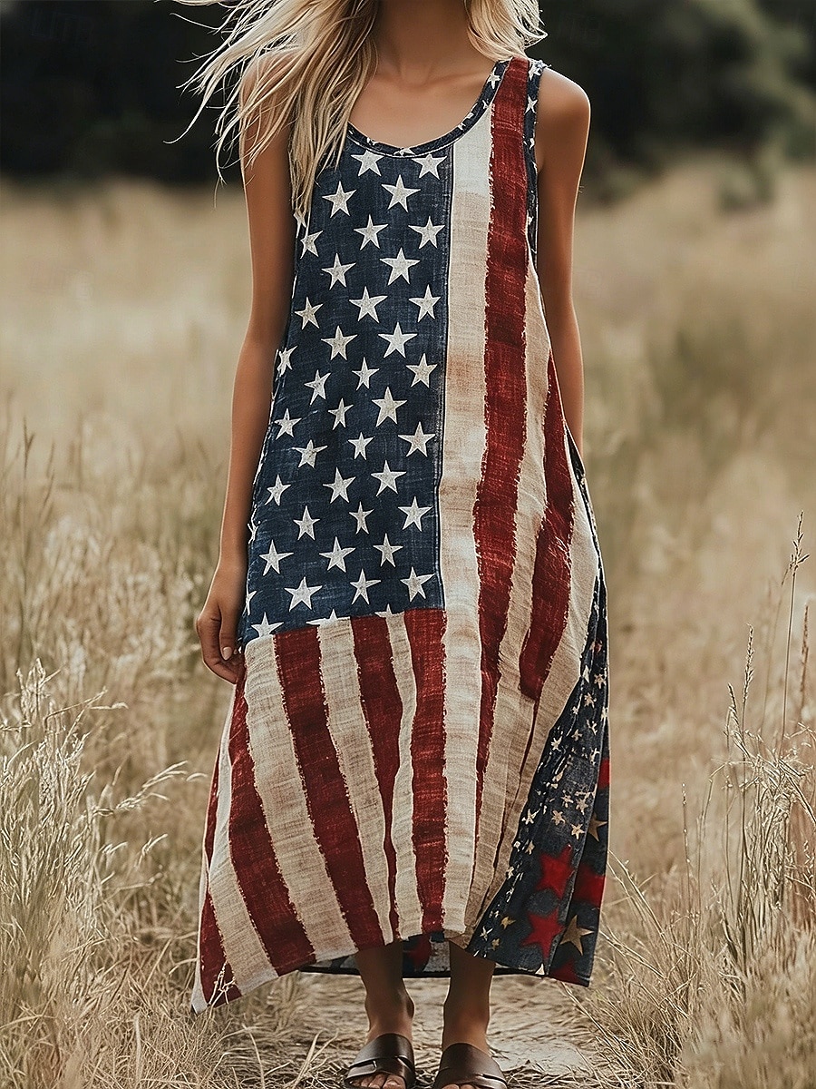 Damen Maxikleid Freizeitkleid Unterkleid Mode Basic Modern Täglich Outdoor Strand Normale Passform Amerikanische Flagge Sternenbanner Ärmellos Rundhalsausschnitt V Ausschnitt Blau Sommer Frühling 2026 - $29.99 –P1