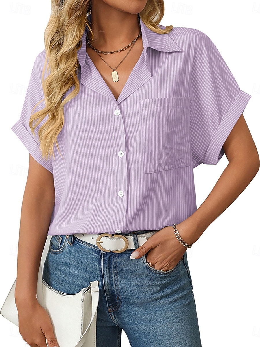 Γυναικεία Πουκάμισο Μπλούζα Κουρελού Κουμπιά Γραφική Σκέτο Βίντατζ Στυλάτο Καθημερινό Κοντομάνικο Μανίκι Νυχτερίδα Κολάρο Πουκαμίσου Κανονικά μπλουζάκια Μακριές μπλούζες Καθημερινά Αργίες Εξόδου 2026 - $34.99 –P3