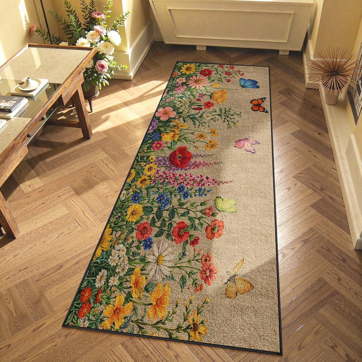 tappeto da corridoio floreale con design colorato di fiori e farfalle, lungo e decorativo, per l'ingresso di casa del 2026 a $18.99 –P1