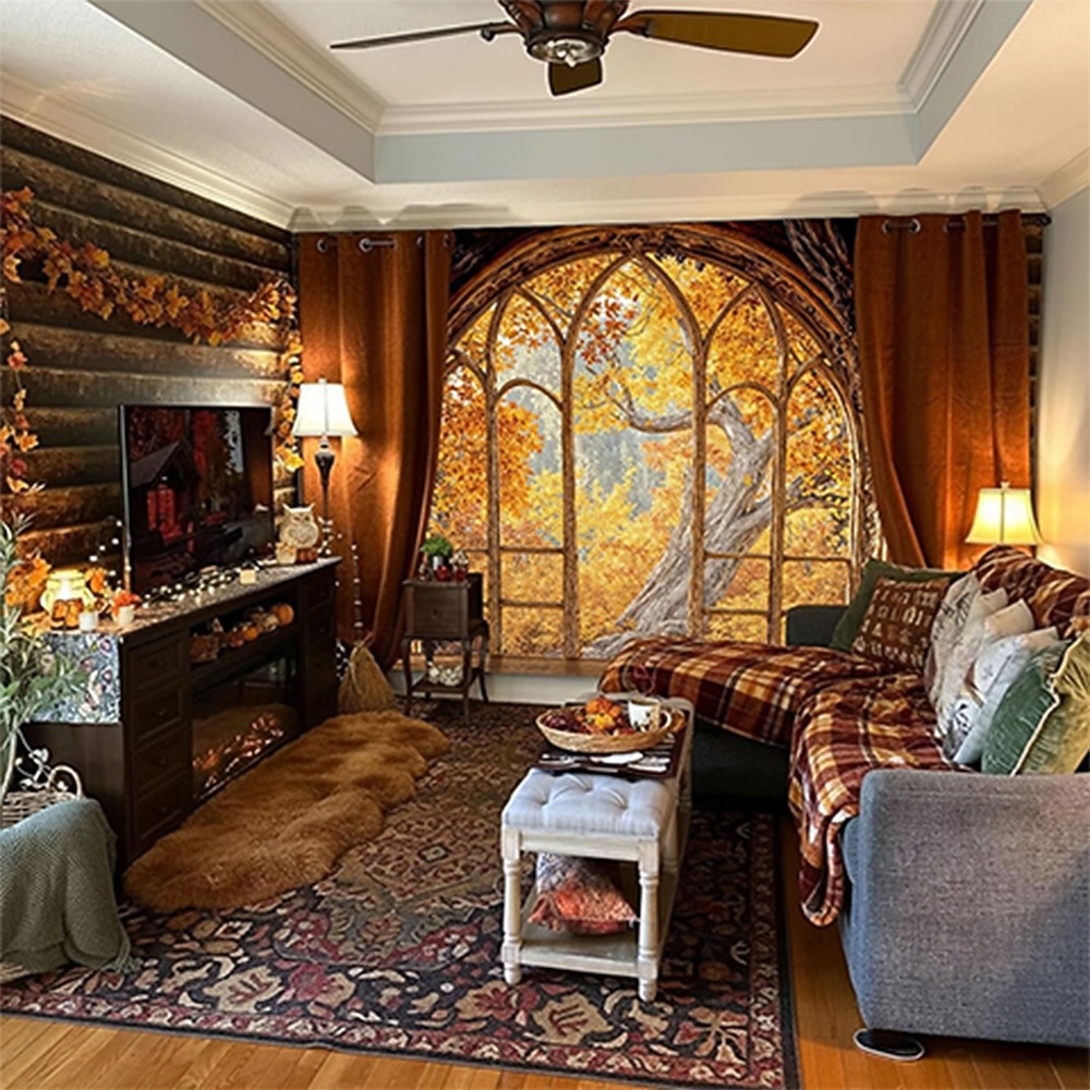 3D-bibliotekteppe veggteppe vintage bokhyllemønster stor stoffveggkunst buet vindu skogutsikt romdekor til stue/studie 2026 - $19.99 –P9