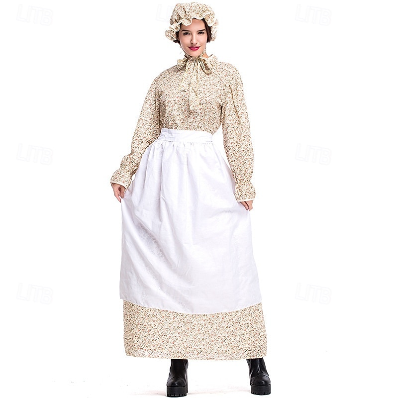 250º Aniversario de EE. UU. Siglo 19 década de 1800 Vestido de la pradera Conjunto de gorro y delantal Larga Chica pionera Colonial Pionero Guerra Revolucionaria Floral Disfraz Mujer Víspera de Todos 2026 - $44.99 –P1