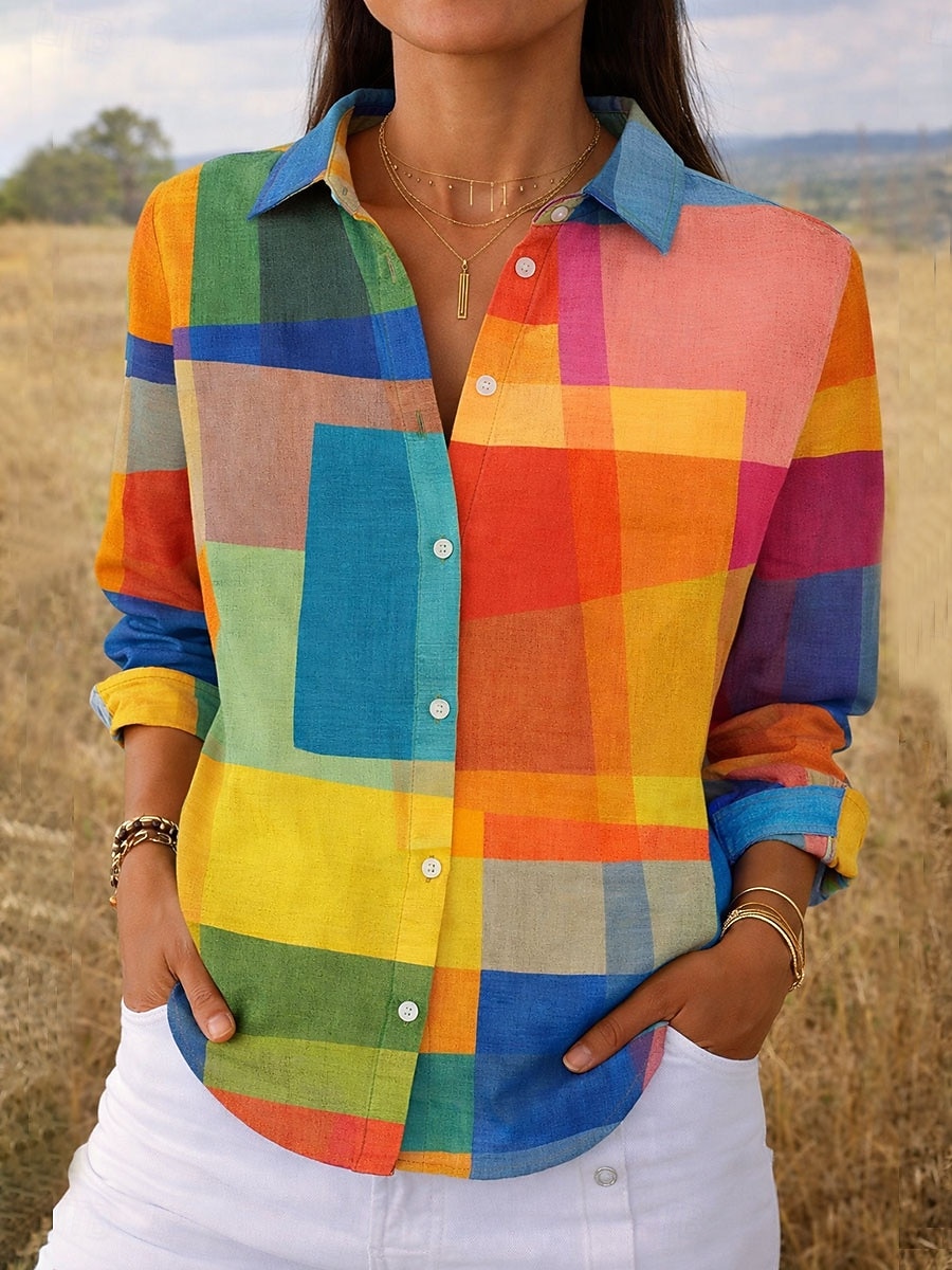 Camisa de Mujer Lino Similar Transpirable Ligera Gráfico Geométrico Elegante Vintage Tropical Manga Larga Cuello Tops Regulares Diaria Trabajo Botones Impresión Blanca Amarilla Naranja Marrón Verano 2026 - $37.99 –P1