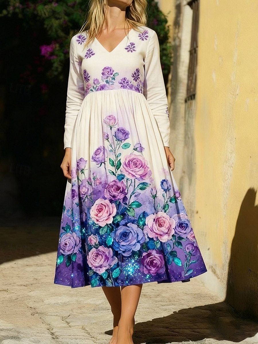 Per donna Abito Midi Abito Boho Vestito Casual Moda Quotidiano All'aperto Vacanza Vestibilità regolare Floreale Manica Lunga Scollo a V Viola Estate Primavera Autunno del 2026 a $41.99 –P2
