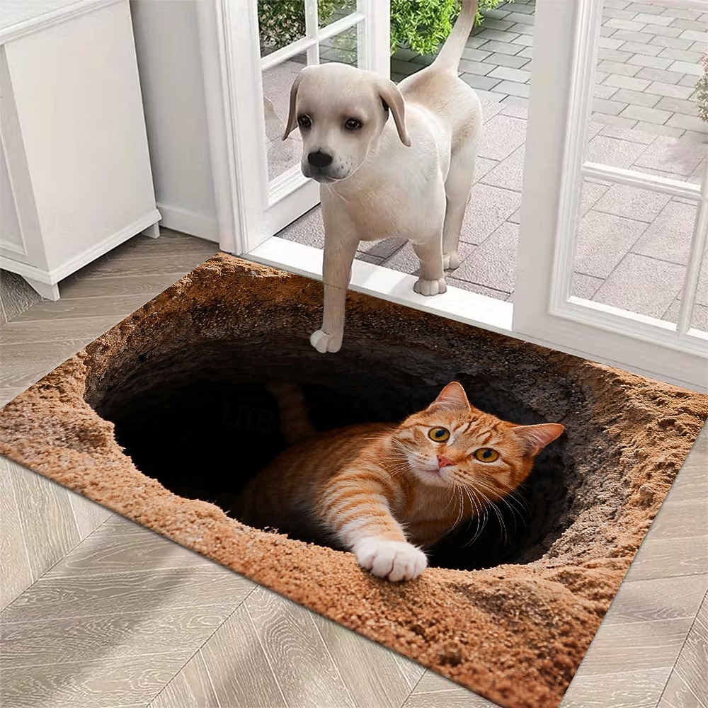 Fußmatte mit 3D-optischer Täuschung einer roten Katze, die aus einem Loch lugt – 2D-Flachdruck-Teppich für verspielte Eingangsbereichdekoration und einladende Willkommensmatte 2026 - $17.99 –P3