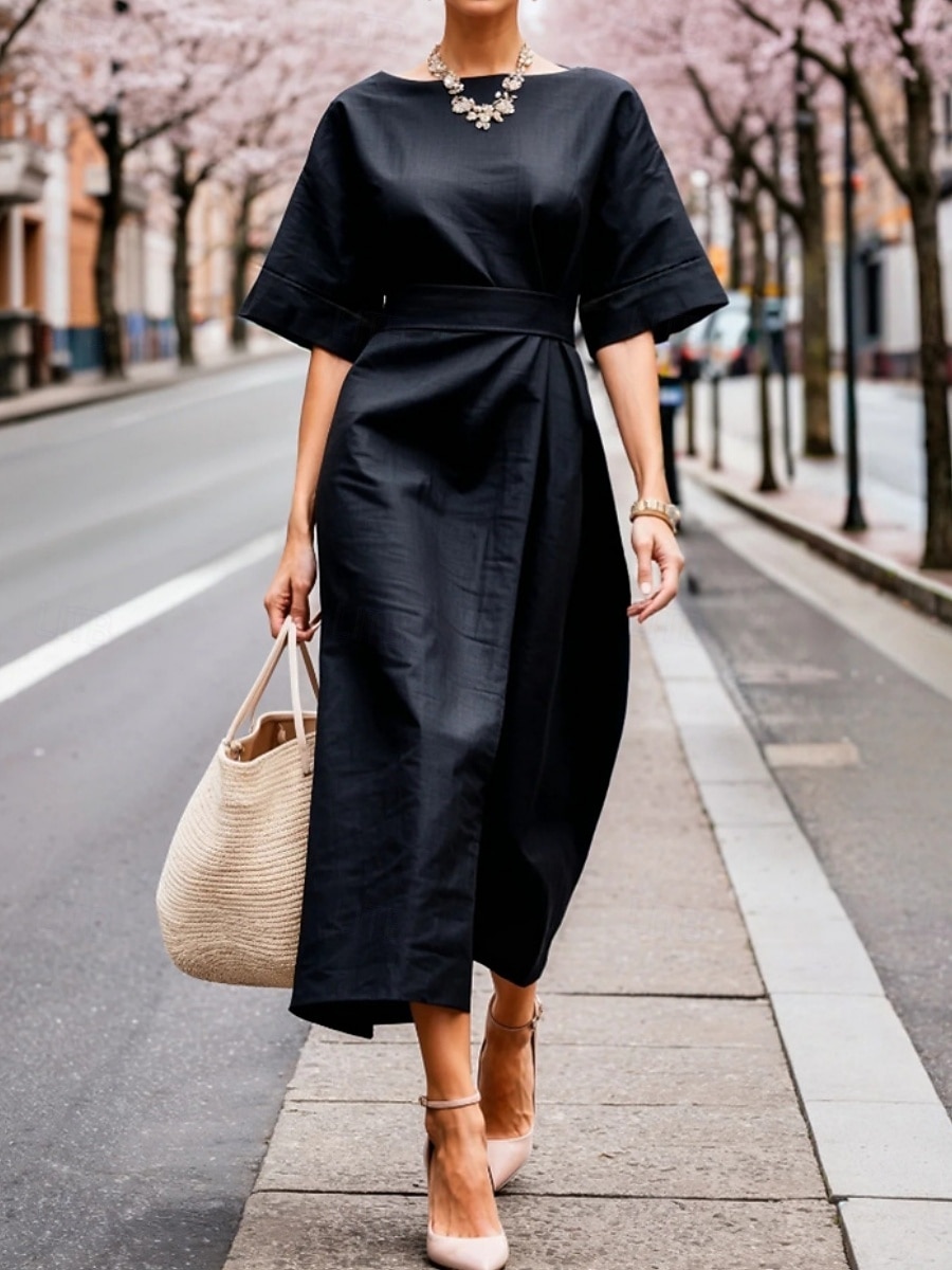 Dames Halflange jurk Werk Jurk Wikkeljurk Elegant Modieus Modern Buiten Vakantie Uitgaan Normale pasvorm Ruim Passend Effen Korte mouw Strakke ronde hals Boothals Zwart Wit Khaki Donkerblauw Zomer 2026 - $32.99 –P2