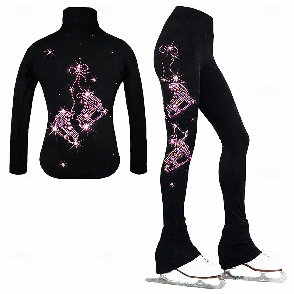 Jaqueta de patinação artística com calça, conjunto feminino/infantil para patinação no gelo, preto, elástico, para treino e competição, térmico, com cristais/strass, manga comprida. de 2026 por $151.99 –P4