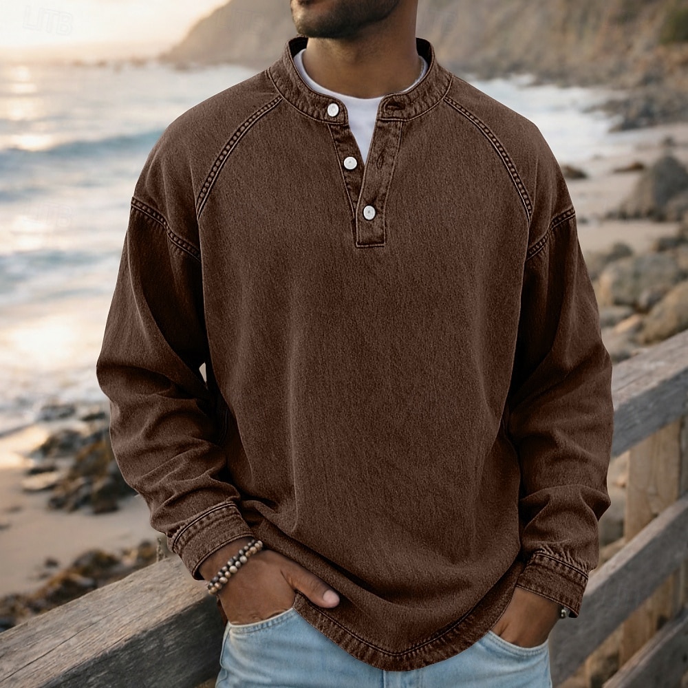 SoftFade™ Camiseta para Hombre Henley 100% Algodón Camisa Lavado Ácido T Shirt Tee de Manga Larga Color Sólido Sencillo Vintage Streetwear Casual Prenda Teñida Sencilla Lavada Cuello Alto Henley 2026 - $31.99 –P9