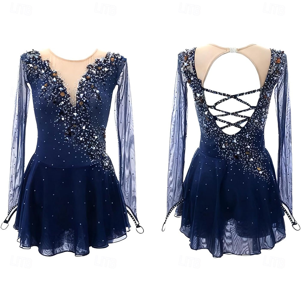 Robe de patinage artistique Femmes Patinage Robe Bleu marine Noir Jaune Patchwork Trou de pouce Élastique Entraînement Compétition Tenue de Patinage Classique cristal pailleté manche longue Patinage de 2026 ? $275.09 –P4