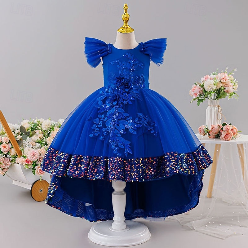 Blumenmädchenkleid Mädchen Formelle Kleidung Hochzeitskleidung Party Hochzeit Formell Prinzessin Kleid für die Erstkommunion Pailletten Patchwork Einfarbig Kurze Ärmel Rundhalsausschnitt Blau Rosa Ab 2026 - $52.99 –P2