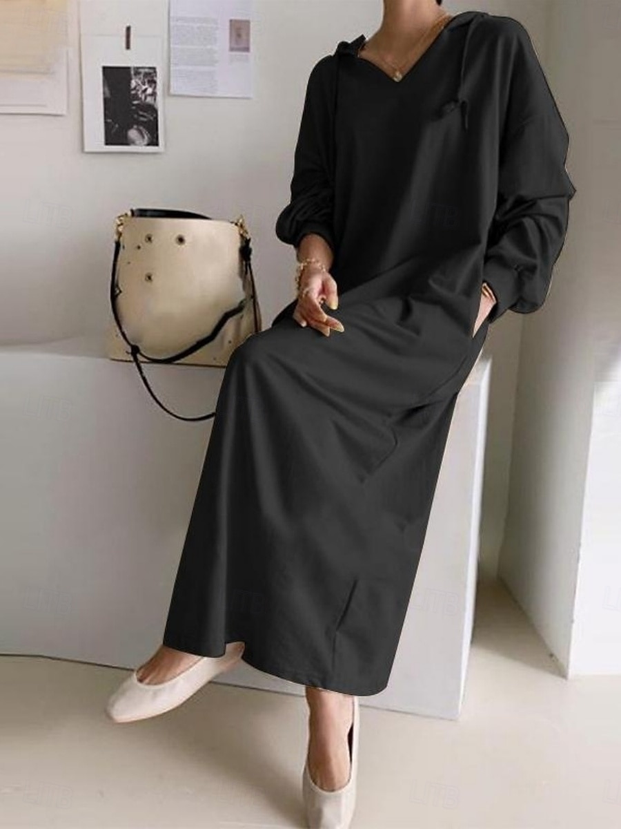 Per donna Abito maxi Abito a Tubino Casual Quotidiano Vestibilità comoda Semplice Manica Lunga Con Cappuccio Nero Marrone chiaro Grigio Primavera Autunno Inverno del 2026 a $25.99 –P5