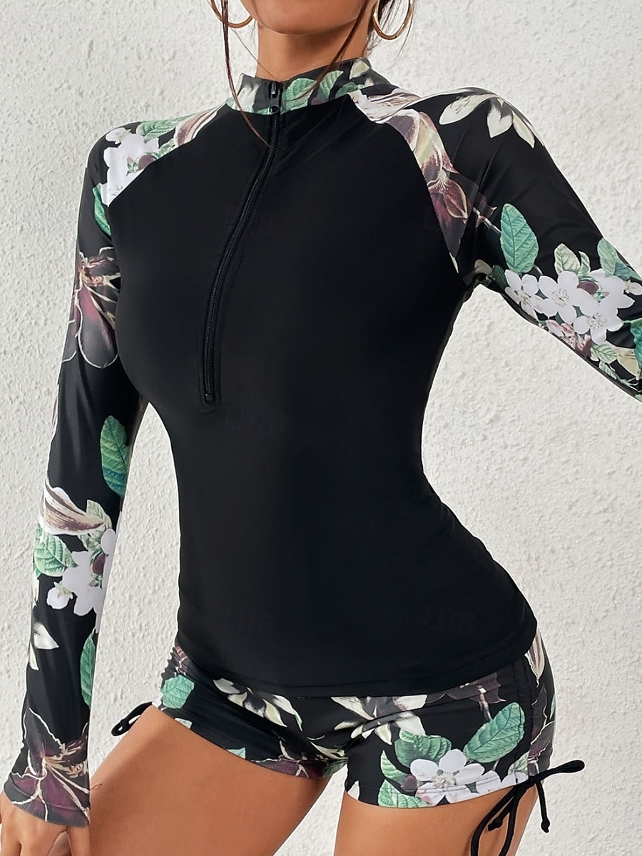 Dámské Plavky Tankini 2 ks Kraťasy Plavky Zaštíhlující Vysoký pas Štíhlý prázdniny Oblečení na pláž Květinový Stojáček Dlouhý rukáv Plavky 2026 - $36.99 –P9