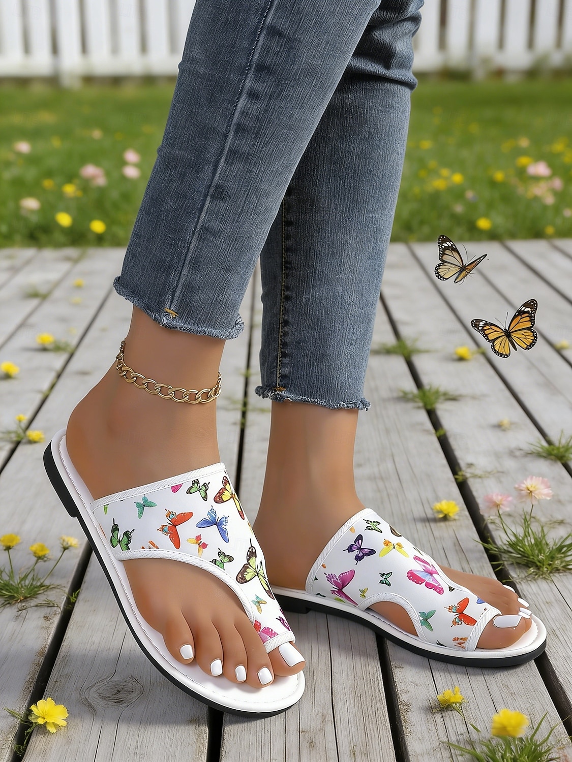 Women's White Butterfly Print Flat Slide Sandals – Casual Summer Style, Lightweight Comfort for Ladies, Beach, Vacation, Garden & Daily Wear 2026 - $18.99 –P5