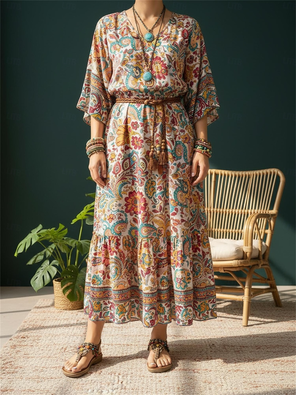 Braune Damen-Sandalen im Boho-Stil mit T-Riemen und bunten Perlenanhängern – Vintage-Ethno-Stil, bequeme flache Schuhe für Strandurlaube und Sommerresorts 2026 - $42.99 –P1