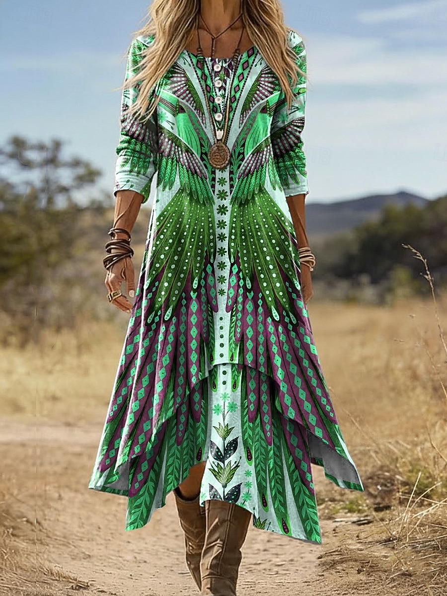 Damen Midi Kleid Boho Shift Kleid Urlaub Party Lässig Täglich Feiertag Reguläre Passform Grafisch Geometrisch Langarm Rundhals V-Ausschnitt Blau Gelb Lila Grün Sommer Frühling Herbst 2026 - $48.99 –P4
