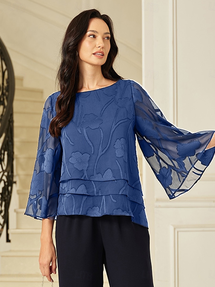 Per donna Camicetta trasparente Top in chiffon Pizzo Orlo asimmetrico Floreale Elegante Manica 3/4 Girocollo Top Regolari Quotidiano Ospite di nozze Wedgewood Estate Primavera Autunno del 2026 a $59.99 –P1