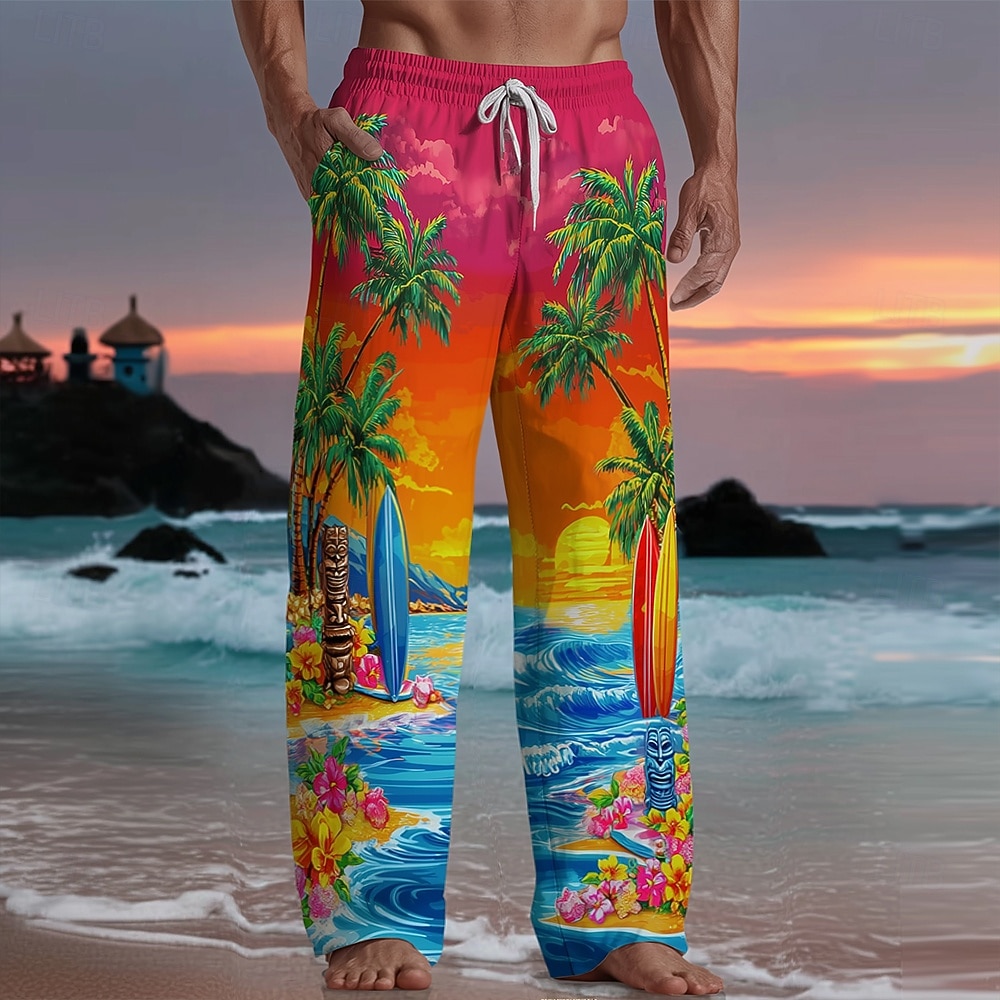 Voor heren Tropische planten Tikkie Bloemen Broek Wijde broek Vrijetijdsbroek Medium Taille Hawaii Buiten Vakantie Strand Kleding Elastische tailleband met trekkoord Linnen broek met zakken Zomer 2026 - $27.99 –P1