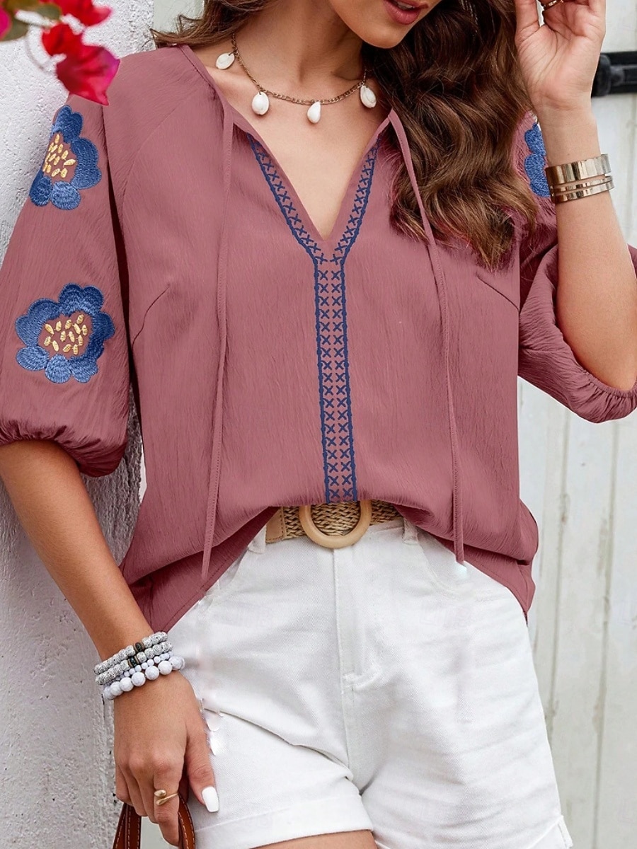 Damskie Koszula Popover Letnia koszula Codzienna koszula Bluzka Haft Kwiaty Urlop Elegancki Codzienny Rękaw 1/2 W serek Zwykłe topy Codzienny Plaża Święto Niebieski Rumiany róż Granatowy Morelowy 2026 - $28.99 –P11