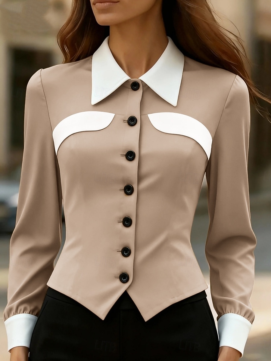 Жен. Блуза Пэчворк Пуговицы Контрастных цветов Элегантный стиль Стиль Классика Длинный рукав Рубашечный воротник Обычные топы Повседневные Офис Черный Белый Коричневый Хаки Весна Осень 2026 - $27.99 –P10