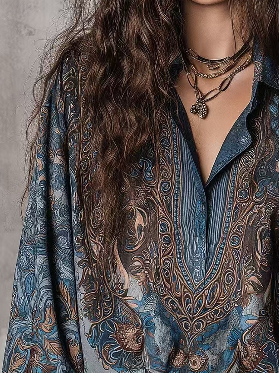 Mujer Camisa Camisa casual Cachemir Vintage Elegante Clásico Manga Larga Escote en Pico Tops regulares Diario Festivos Noche Azul Piscina Primavera Otoño 2026 - $61.99 –P3