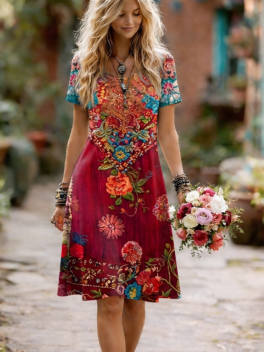 Damskie Sukienka midi Sukienka trapezowa Sukienka t-shirtowa Codzienny Codzienny Regularny Kwiaty Graficzny Krótki rękaw Półgolf Czerwony Królewski błękit Fioletowy Zielony Lato Wiosna 2026 - $24.99 –P1