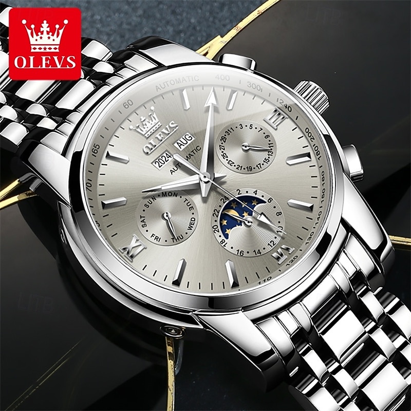 Montre homme Olevs neuve, élégante et fonctionnelle, avec affichage des phases de la lune, du calendrier, de l'heure sur 24 heures et du jour de la semaine. Montre mécanique automatique multifonctions de 2026 ? $121.99 –P13