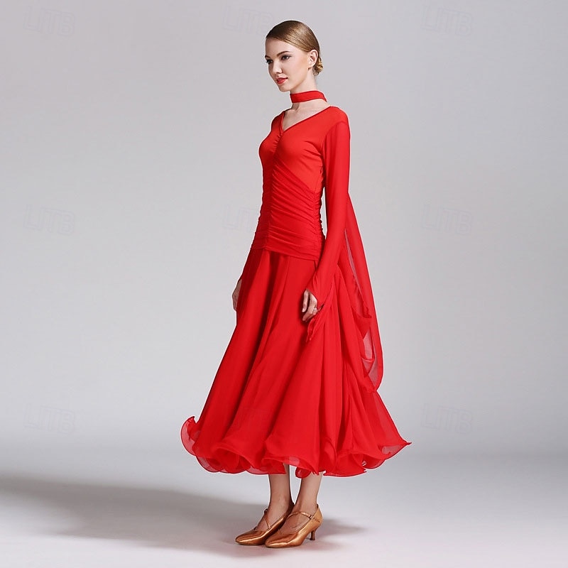 Vestido de baile de salón rojo para mujer, cuello en V, cintura fruncida, manga larga, vestido de vals, traje de competición estándar moderno. 2026 - $123.99 –P5