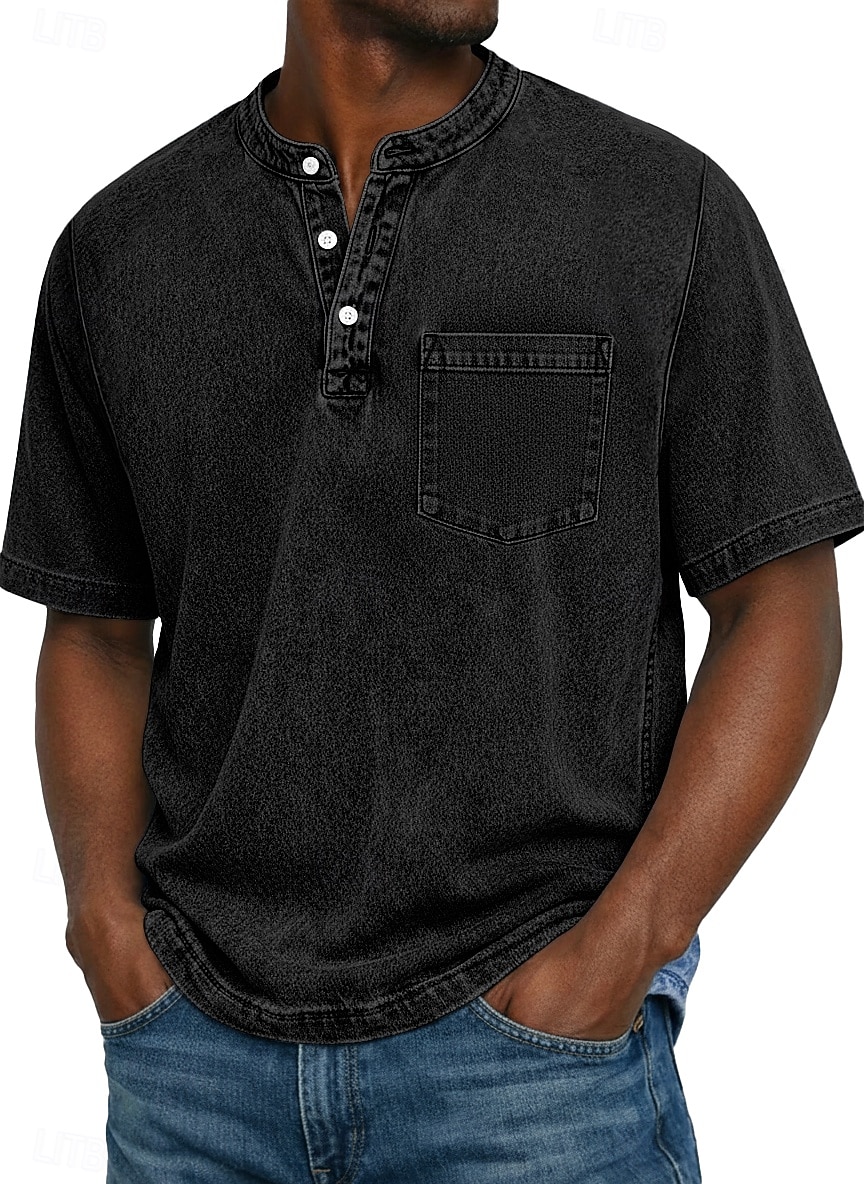 Herre Henly-skjorte 100% bomullssyre-vaskeskjorte T-skjorte T-skjorte Kortermet Ensfarget Retro / vintage Fritid Lomme Gammeldags stil Vasket Henley Avslappet Sommer Vår Høst Svart Rosa Lysegrønn 2026 - $31.99 –P3