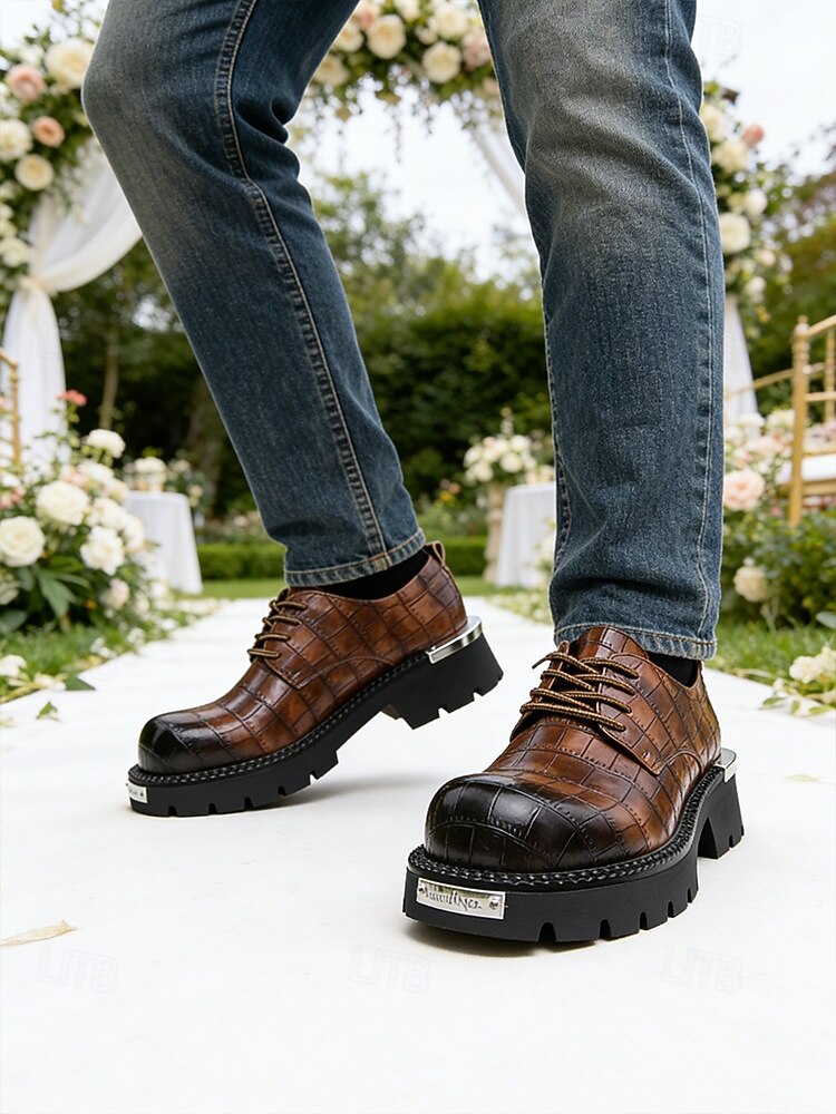 Pánské hnědé šněrovací boty z umělé kůže s robustní podrážkou, ležérní a zároveň elegantní svatební boty, skvělé pro svatební hosty i ženichy 2026 - $64.99 –P4
