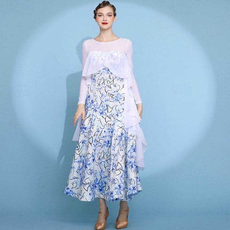 abito da ballo da sala da donna con fiori, in rete trasparente, a maniche lunghe, con volant sovrapposti, abito da competizione moderno standard, bianco e blu del 2026 a $149.99 –P1