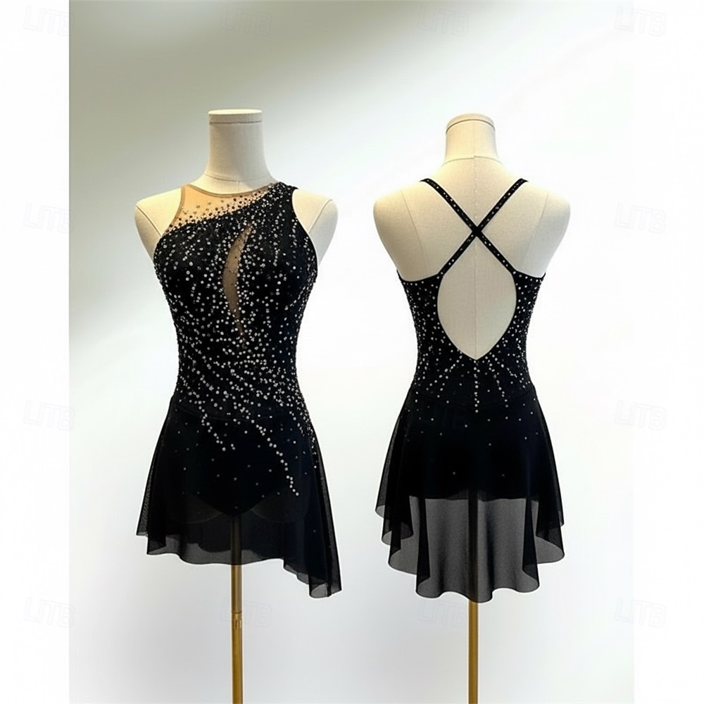 Abito da pattinaggio artistico Per donna Pattinaggio sul ghiaccio Vestito Nero Patchwork Schiena aperta Alta elasticità Allenamento Competizione Vestiti da pattinaggio sul ghiaccio Classico Cristallo del 2026 a $330.69 –P1
