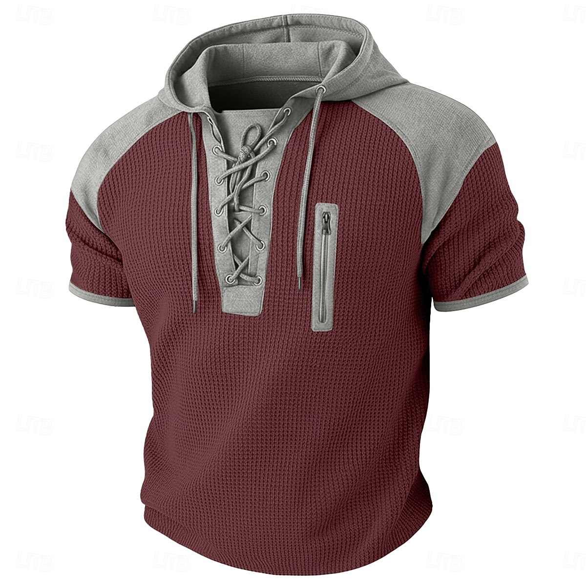 Herre Vaffel Henley-skjorte T-skjorte Kortermet Med hette Snøring i halsen Sommer Vår Alle årstider Helfarge Mote Designer Fritid Fargeblokk Avslappet Daglig utendørs Lyseblå Svart Vin Topp T-skjorte 2026 - $22.99 –P9