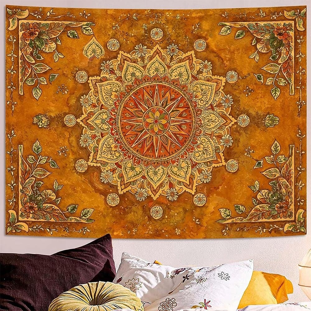 Tapeçaria de parede mandala amarelo mostarda, estilo boho vintage com design floral, grande, em tons terrosos, para decoração de casa, pôster de tecido para fundo de parede. de 2026 por $20.99 –P3