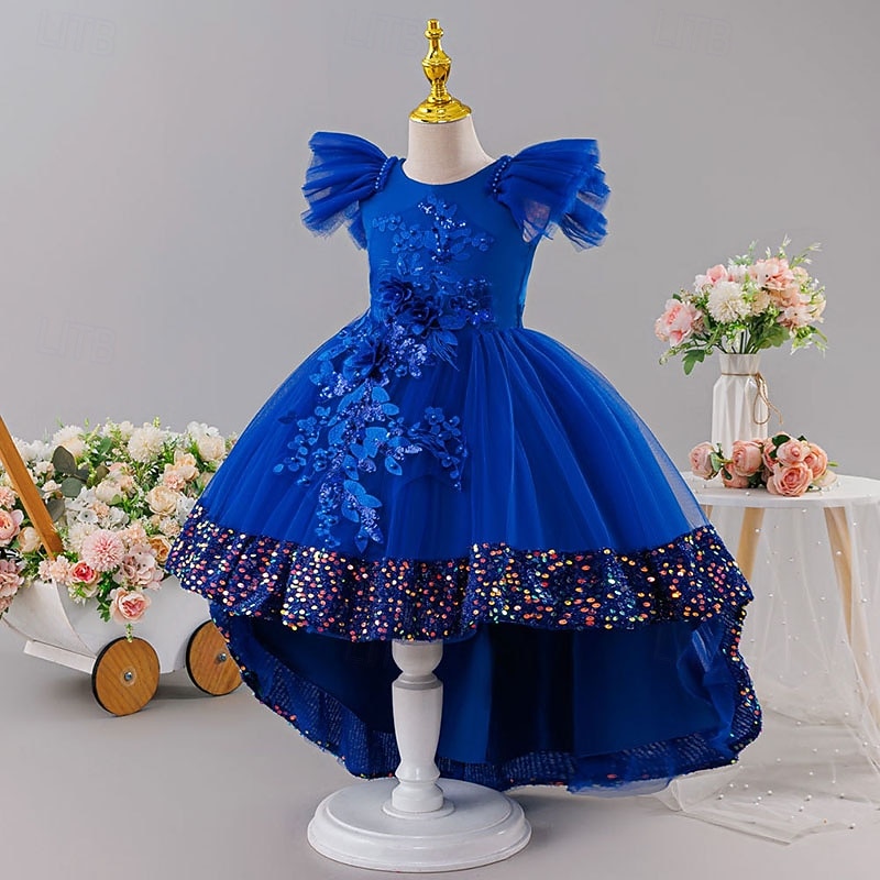 Blumenmädchenkleid Mädchen Formelle Kleidung Hochzeitskleidung Party Hochzeit Formell Prinzessin Kleid für die Erstkommunion Pailletten Patchwork Einfarbig Kurze Ärmel Rundhalsausschnitt Blau Rosa Ab 2026 - $52.99 –P3