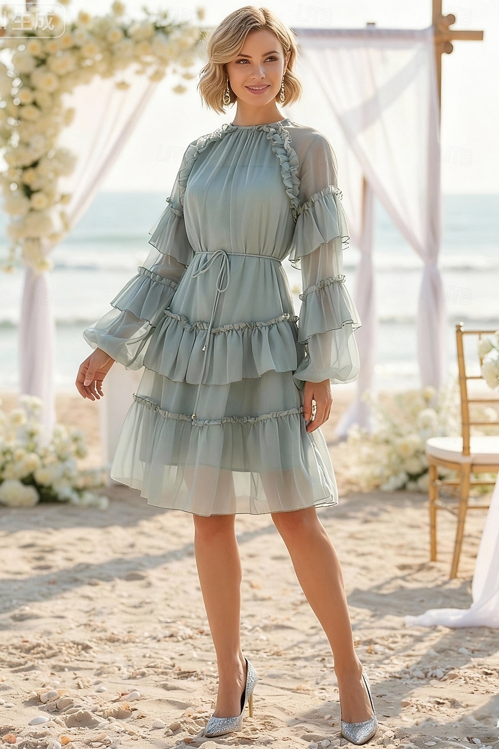 A-Line Knee Length Prom Dress Wedding Guest Dress Wedding Guest Dresses Elegant Daily Long Sleeve Crew Neck Prom Garden Party with Ruffles 2026 - $103.99 –P1