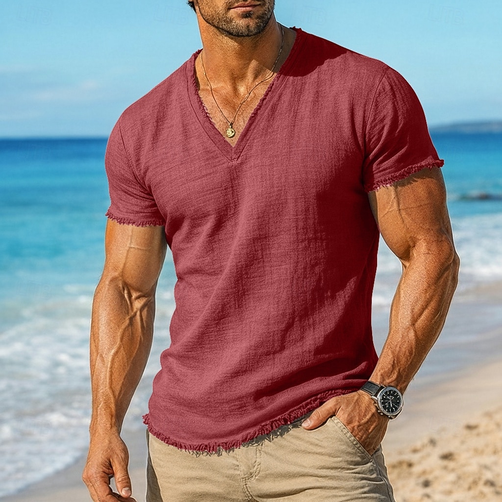 Herr T-tröja Linne T-shirt Kortärmad Kort ärm V-hals Sommar Slät Mode Designer Grundläggande Mjukt Strand Semester Ledigt / vardag Rosa Vit Topp t-shirt för män 2026 - $21.99 –P5
