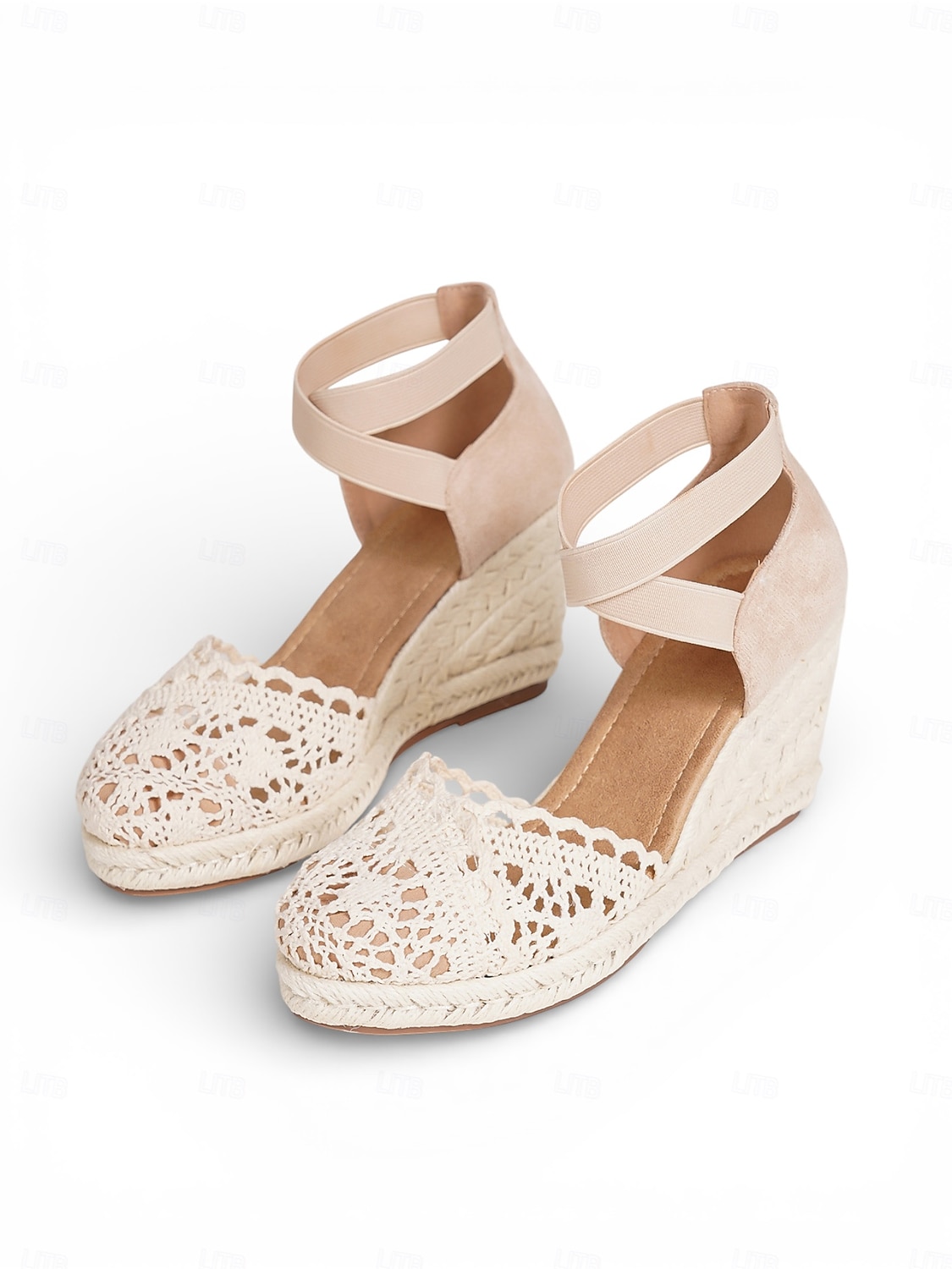 Sandalias de cuña con alpargatas de encaje beige para mujer, cómodas sandalias de dama de honor con tira en el tobillo para bodas en la playa. 2026 - $46.99 –P5