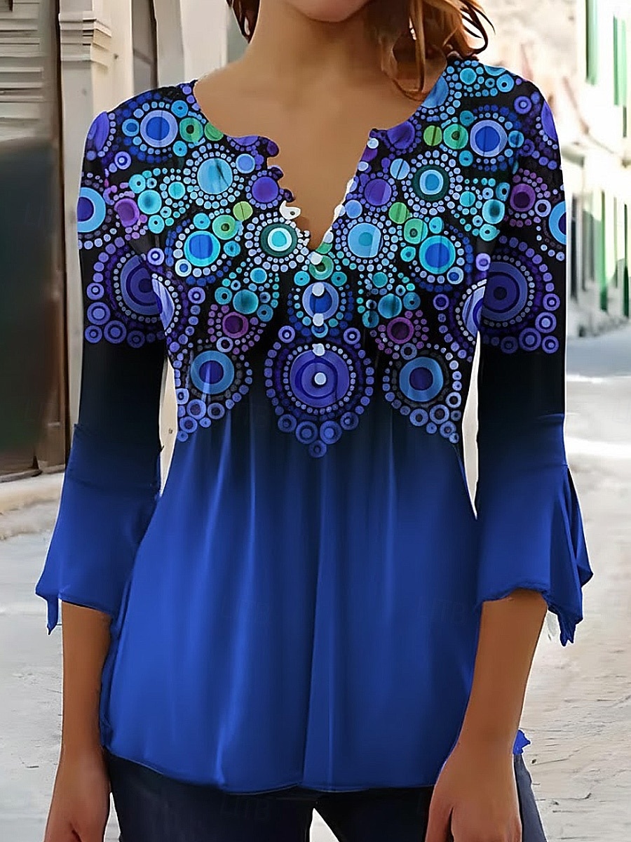Camiseta Feminina T-Shirt Ombre Gráfica Floral Elegante Vintage Estilosa Manga 3/4 Decote V Tops Longos Regulares Diários Saída Botões Azul Verde  Azul Rosa Verão Primavera de 2026 por $26.99 –P3