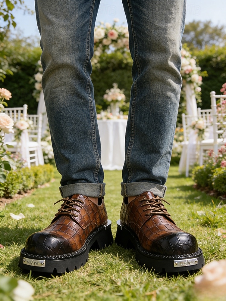 Pánské hnědé šněrovací boty z umělé kůže s robustní podrážkou, ležérní a zároveň elegantní svatební boty, skvělé pro svatební hosty i ženichy 2026 - $64.99 –P2