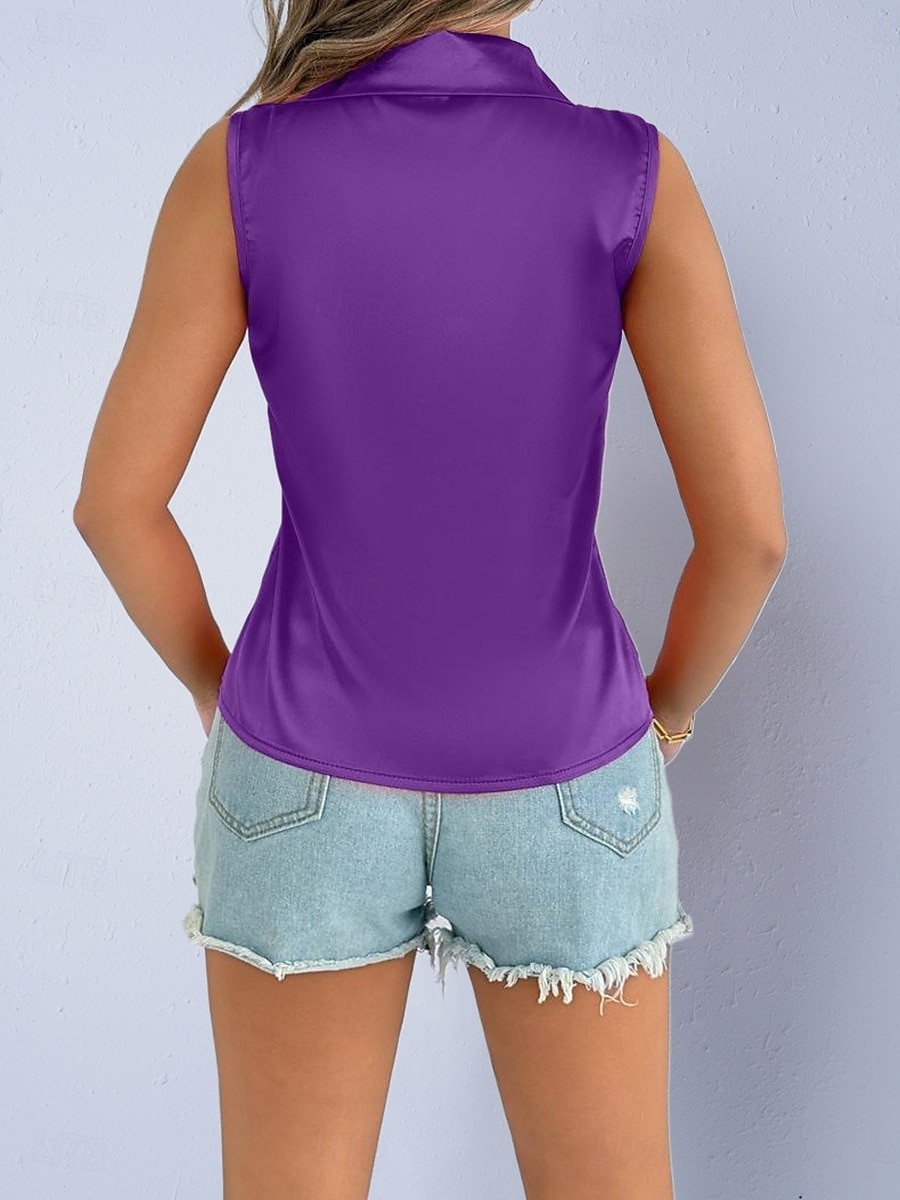 Dame Skjorte Sateng skjorte Bluse Ermeløs skjorte Knapper عادي Stilfull Klassisk Moderne Ermeløs Skjortekrage Vanlige topper Daglig Ferie Ut på byen Svart Hvit Lilla Grønn Sommer Vår 2026 - $21.99 –P13