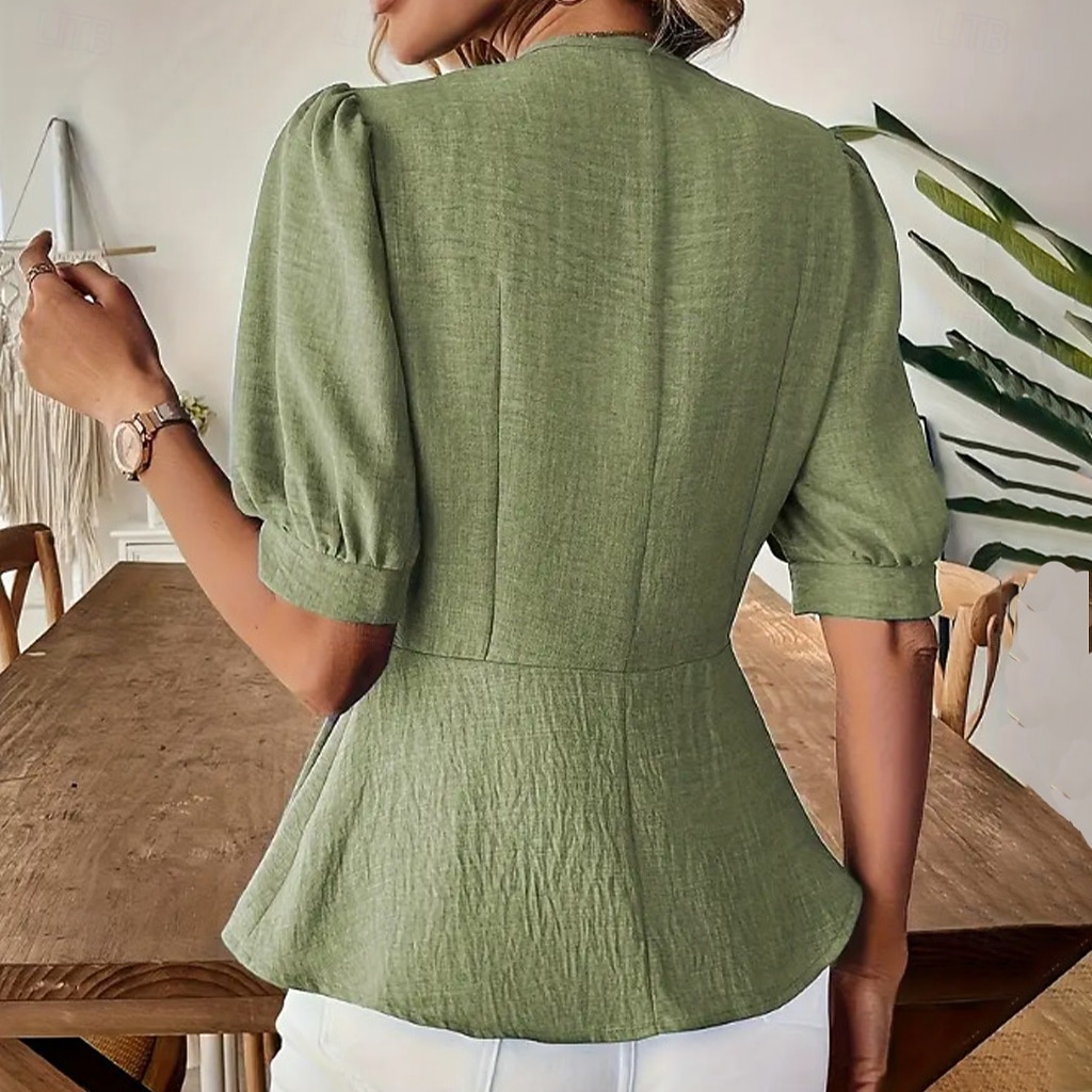 Damen Freizeithemd Knopfhemd Bluse Gerafft Tunika Knöpfe Einfarbig Einfach Elegant Täglich Stilvoll Kurzarm Puffärmel V Ausschnitt Normale Oberteile Ferien Strandbekleidung Urlaubskleidung Blau Kamel 2026 - $24.99 –P6