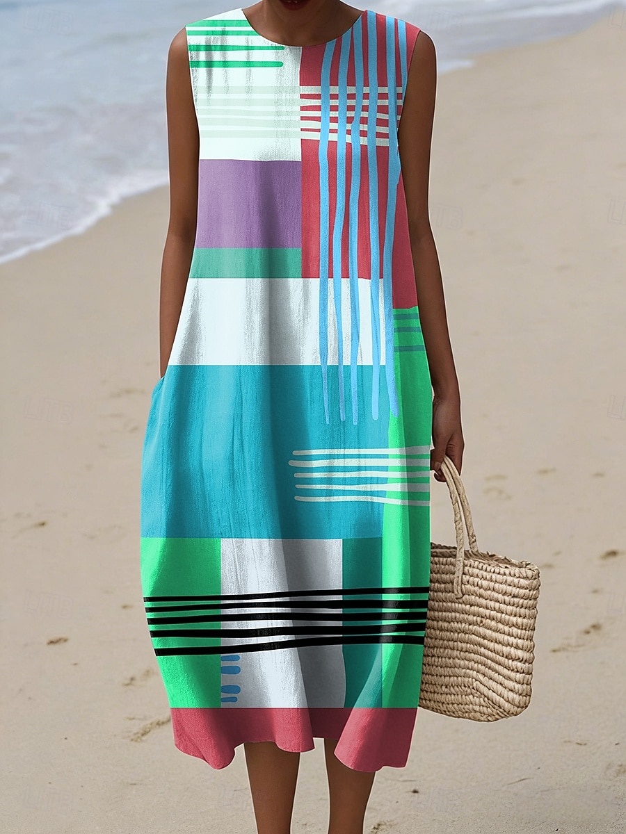 Women's Midi Dress Linen Like Shift Dress Casual Beach Going out Loose Fit Graphic Geometric Sleeveless Crewneck Blue Light Yellow Yellow Purple Summer Spring 2026 - $39.99 –P3